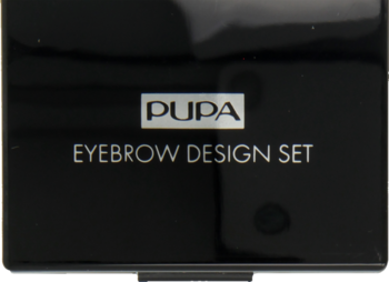 Zbliżenie na czarny, elegancki zestaw do brwi Pupa z białym logo i srebrnym napisem Eyebrow Design Set.