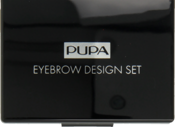 Czarne, błyszczące pudełko PUPA Eyebrow Design Set, widok z przodu. Białe napisy na kosmetycznym zestawie do brwi.