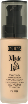 PUPA Made to Last długotrwały podkład, beżowa butelka z pompką, widok z przodu, Oil Free.