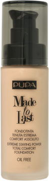 PUPA Made to Last podkład Oil Free w beżowej butelce z czarną pompką, ekstremalna trwałość, widok z przodu.