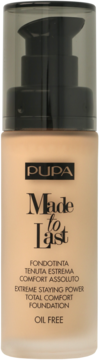 PUPA Made to Last beżowy podkład matujący w szklanej butelce z pompką, widok z przodu.