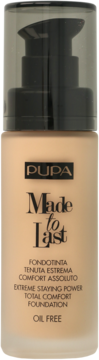 PUPA Made to Last beżowy podkład w szklanej butelce z pompką, widok z przodu. Trwały, bezolejowy.