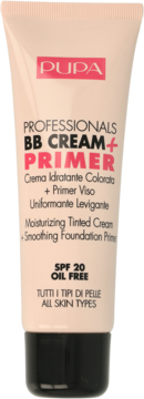 Pupa Professionals BB Cream + Primer, krem koloryzujący + baza, SPF 20, oil free, w beżowej tubie, widok z przodu.