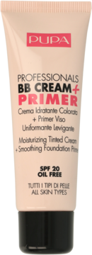 PUPA Professionals BB Cream + Primer SPF 20, beżowa tubka, nawilżający krem tonujący, widok z przodu.