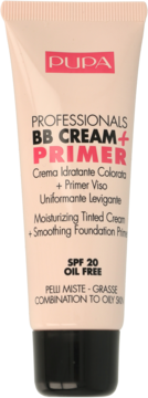 PUPA BB Cream + Primer, tubka beżowa z czarną nakrętką, do cery tłustej, SPF 20, beztłuszczowy.