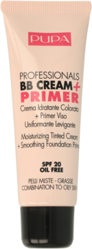 PUPA BB Cream + Primer, tubka beżowa z czarną nakrętką, do cery tłustej, SPF 20, beztłuszczowy.