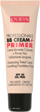 Beżowa tubka PUPA BB Cream + Primer SPF 20, beztłuszczowy, do cery mieszanej i tłustej, widok z przodu.