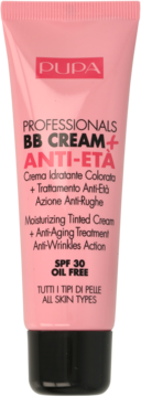 Różowa tuba PUPA Professionals BB Cream Anti-Età z czarną nakrętką, widok z przodu, z filtrem SPF 30.