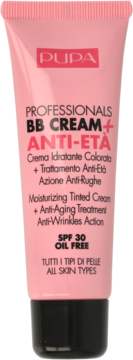 Różowa tubka PUPA Professionals BB Cream+Anti-Età SPF 30 Oil Free, nawilżająco-koloryzujący, z czarną nakrętką.