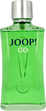 Zielona, smukła butelka JOOP! GO, woda toaletowa męska, z srebrną nakrętką i białym napisem, widok z przodu.