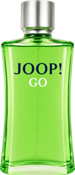 Woda toaletowa JOOP! Go dla mężczyzn, jaskrawozielona butelka z niebieskim JOOP! i białym GO, widok z przodu.
