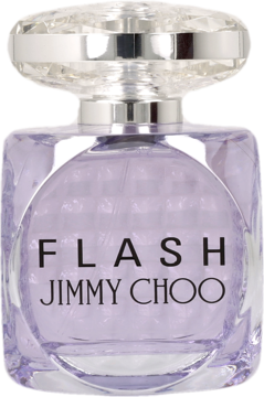 Jimmy Choo Flash perfumy w butelce z jasnofioletowego szkła, z srebrnym detalem i przezroczystym, fasetowanym korkiem.
