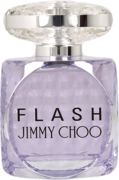 Jimmy Choo Flash perfumy w butelce z jasnofioletowego szkła, z srebrnym detalem i przezroczystym, fasetowanym korkiem.
