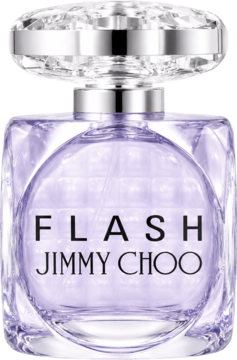 Jimmy Choo Flash, perfumy w fasetowanej butelce z fioletowym płynem, kryształową nakrętką, widok z przodu.