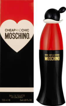 Moschino Cheap&Chic kwiatowa woda toaletowa, czerwono-czarne pudełko z sercem i unikalny flakon.