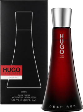 Hugo Boss Deep Red EDP dla kobiet. Ciemnoczerwona butelka z srebrną zakrętką i czarne pudełko, widok z przodu.