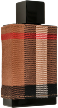 Burberry London for Men: flakon owinięty beżowo-czerwoną tkaniną w kratę, czarny korek, widok z przodu.
