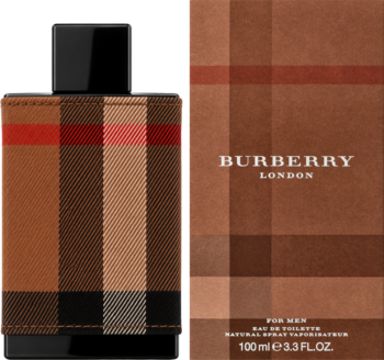 Burberry London for Men woda toaletowa, butelka w brązową kratę i pudełko obok, widok z przodu.