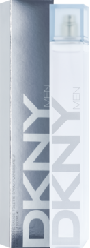 DKNY Men woda toaletowa 100ml, biały flakon z jasnoniebieską nakrętką, obok srebrne, błyszczące pudełko.