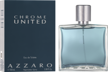 Azzaro Chrome United woda toaletowa, szklany flakon z błękitnym płynem i srebrną nakrętką obok granatowego pudełka.