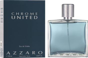 Azzaro Chrome United woda toaletowa, szklany flakon z błękitnym płynem i srebrną nakrętką obok granatowego pudełka.