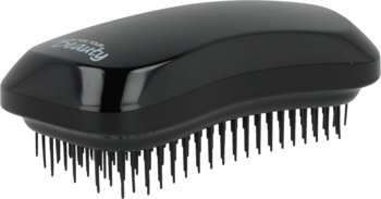 Czarna, ergonomiczna szczotka do włosów z błyszczącym wykończeniem, ujęcie z boku, widoczne elastyczne ząbki.