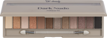 Otwarta paleta cieni Lovely Make Up Kit Dark Nude z 12 beżami, złotem, brązami i czarnym, z aplikatorem.