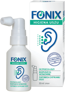 Biały spray Fonix Higiena Uszu z aplikatorem i jego pudełko, klinicznie przebadany, widok z przodu.
