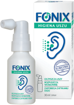 Biały spray Fonix Higiena Uszu z aplikatorem i jego pudełko, klinicznie przebadany, widok z przodu.