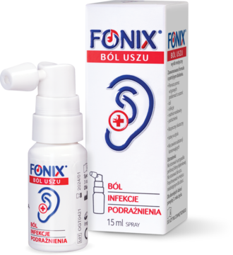 Biały spray Fonix Ból Uszu, obok pudełko, widoczne czerwone napisy i grafika ucha.