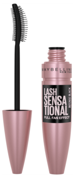 Maybelline Lash Sensational Intense Black mascara: różowo-złote opakowanie z wyjętą, zakrzywioną szczoteczką.