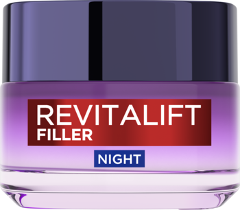 Krem L'Oréal Revitalift Filler Night w fioletowym szklanym słoiczku z czerwoną etykietą, widok z przodu.
