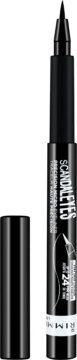Czarny eyeliner Rimmel Scandaleyes Microliner, otwarty, z widoczną precyzyjną końcówką i odłożoną skuwką.
