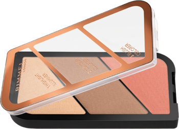Paleta do konturowania Rimmel Coral Glow z rozświetlaczem, bronzerem i różem, widok z otwartym wieczkiem.