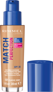 Rimmel Match Perfection podkład SPF 20 101 Classic Ivory, beżowa butelka z niebieską pompką i nakrętką.