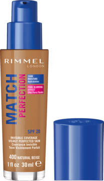 Rimmel Match Perfection podkład 400 Natural Beige SPF 20, butelka z pompką i otwarta niebieska zakrętka z przodu.