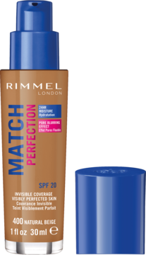 Rimmel Match Perfection podkład 400 Natural Beige SPF 20, butelka z pompką i otwarta niebieska zakrętka z przodu.