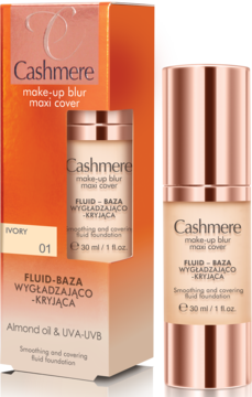 Cashmere Make-Up Blur Maxi Cover podkład Ivory 01, butelka z pompką, pudełko, widok z przodu na białym tle.