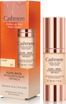 Cashmere Make-Up Blur Maxi Cover podkład Ivory 01, butelka z pompką, pudełko, widok z przodu na białym tle.