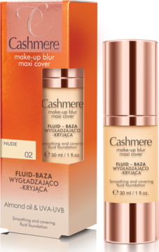 Cashmere make-up blur maxi cover NUDE 02, wygładzający fluid-baza z olejkiem migdałowym, butelka obok pudełka.