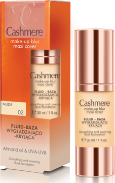 Cashmere make-up blur maxi cover NUDE 02, wygładzający fluid-baza z olejkiem migdałowym, butelka obok pudełka.