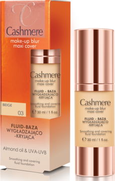 Beżowy podkład Cashmere Make-up Blur Maxi Cover w butelce z pompką i pudełkiem, fluid wygładzająco-kryjący.
