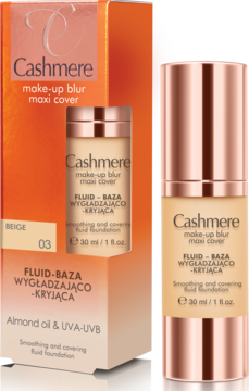 Beżowy podkład Cashmere Make-up Blur Maxi Cover w butelce z pompką i pudełkiem, fluid wygładzająco-kryjący.