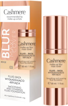 Beżowy podkład Cashmere make-up blur maxi cover 03 w butelce z pompką i pudełku, z efektem wygładzającym i kryjącym.