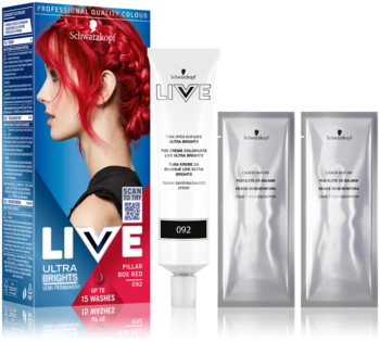 Farba do włosów Schwarzkopf Live Ultra Brights 092 Intensywna Czerwień, opakowanie i rozłożone saszetki.