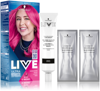 Farba Schwarzkopf Live Ultra Brights 093 Szokujący Róż, opakowanie z modelem i kremem koloryzującym.