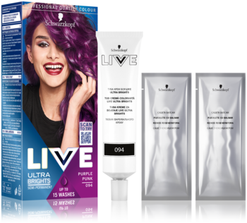 Farba Schwarzkopf Live Ultra Brights Purpurowy Punk 094, opakowanie z modelem, tubka i dwie srebrne saszetki.
