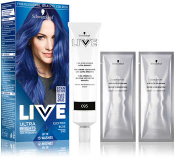 Farba Schwarzkopf Live Ultra Brights 095 Elektryczny Błękit: kartonik z kobietą, tuba kremu i dwie saszetki na niebieskim tle.