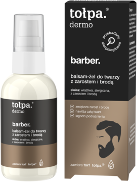 Balsam-żel tołpa. dermo barber. do twarzy z zarostem i brodą. Biała butelka z pompką obok czarnego pudełka.