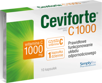 Białe opakowanie Ceviforte C1000, suplement z witaminą C 1000 mg na odporność, widok lekko pod kątem.